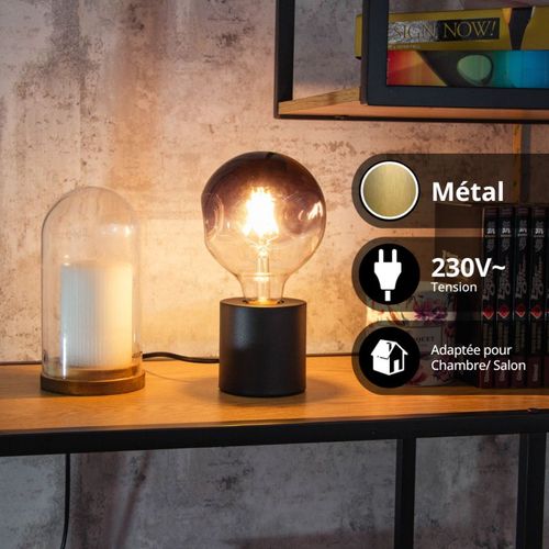 Lampe à Poser Cylindrique En Métal Noir , Compatible Culot E27, Ip20, 60w Puissance Max