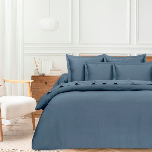 Parure De Lit 2 Personnes 260x240 Cm Satin De Coton Bleu