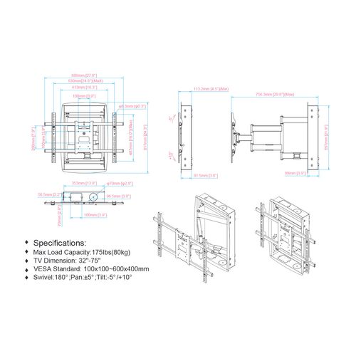 Support TV Encastré Pour écran 32"-65"