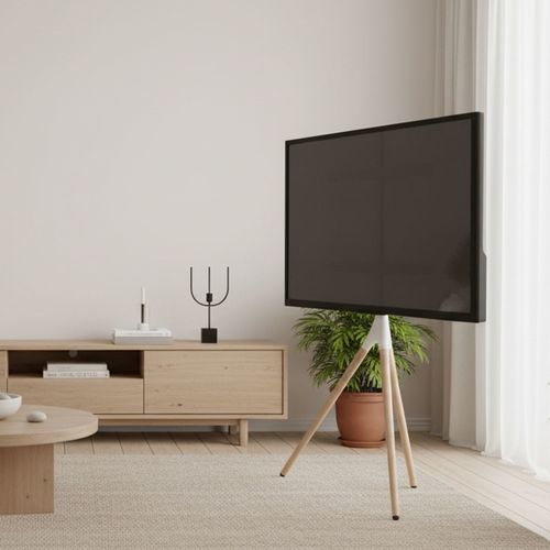 Support Chevalet Design Scandinave Pour TV 45''- 65'', Blanc/hêtre