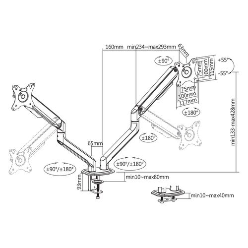 Support De Bureau Full Motion Pour 2 écrans PC 17"-32", Gris