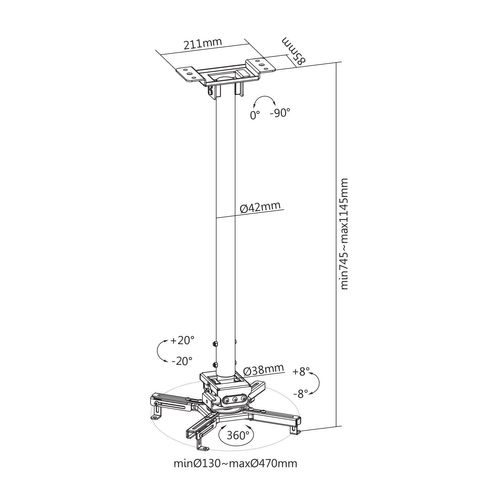 Support Plafond Vidéoprojecteur, Hauteur 75-115cm, Noir