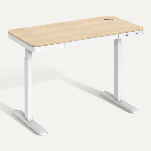 Bureau Motorisé Assis-debout 118x60cm Avec Tiroir Et Chargeur Sans Fil, Plateau Bois/pied Blanc