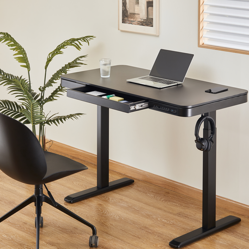 Bureau Motorisé Assis-debout 118x60cm Avec Tiroir Et Chargeur Sans Fil, Plateau Noir/pied Noir