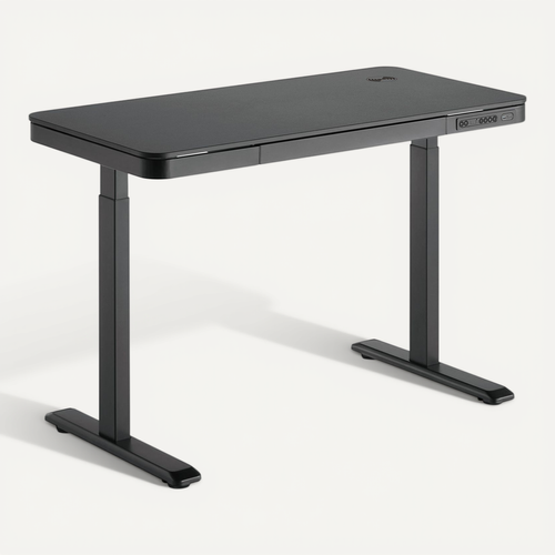 Bureau Motorisé Assis-debout 118x60cm Avec Tiroir Et Chargeur Sans Fil, Plateau Noir/pied Noir