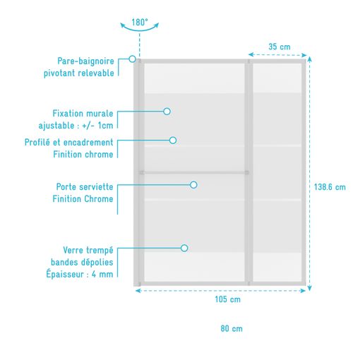 Pare Baignoire Relevable 139x105cm Avec Volet - Verre Transparent Avec Bande Depolie