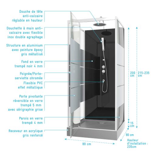 Cabine De Douche Carrée Avec Verre Sérigraphié - 80x80x235 Cm - Gris Clair