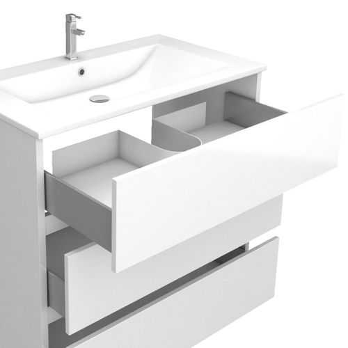Ensemble Meuble De Salle De Bain Blanc 80 Cm Sur Pied 3 Tiroirs + Vasque Ceramique Blanche + Miroir