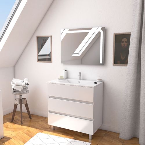 Ensemble Meuble De Salle De Bain Blanc 80 Cm Sur Pied 3 Tiroirs + Vasque Ceramique Blanche + Miroir