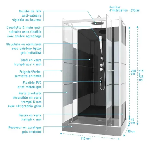 Cabine De Douche Avec Portes Sérigraphiées - 110x80x235 Cm - Gris Clair