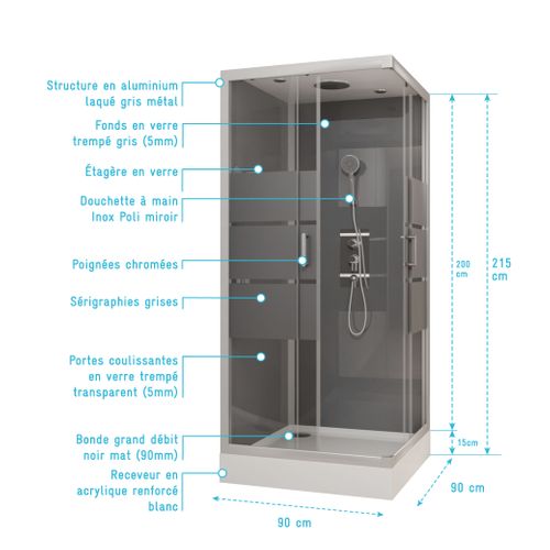 Cabine De Douche Carrée À Bandes Laquées - 90x90x230 Cm - Gris Clair