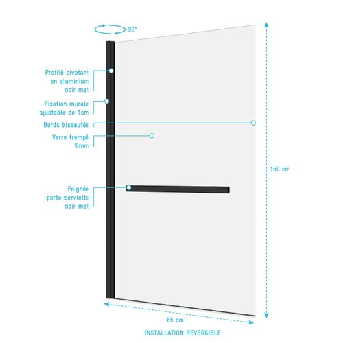Pare Baignoire Pivotant Avec Porte-serviette 85x150cm - Profilé Noir - Verre 6mm - Tshape Dark