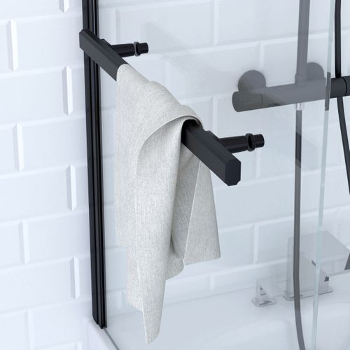 Pare Baignoire Pivotant Avec Porte-serviette 85x150cm - Profilé Noir - Verre 6mm - Tshape Dark