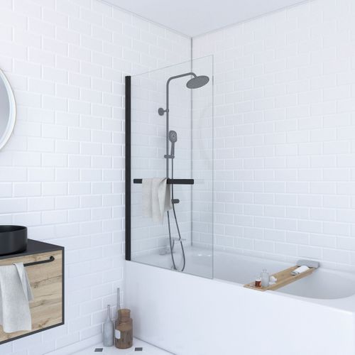 Pare Baignoire Pivotant Avec Porte-serviette 85x150cm - Profilé Noir - Verre 6mm - Tshape Dark