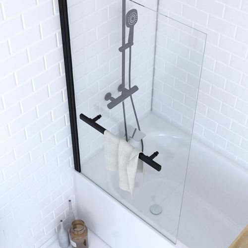 Pare Baignoire Pivotant Avec Porte-serviette 85x150cm - Profilé Noir - Verre 6mm - Tshape Dark