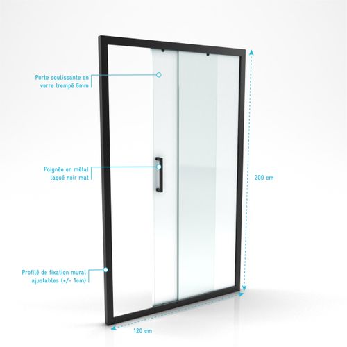 Porte De Douche Coulissante 120x200 Cm - Verre Transparent - Profilé Noir - Crush