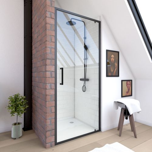 Porte De Douche Pivotante - 90x200 Cm - Profilés Noir Mat - Verre Trempé 6 Mm - Crush