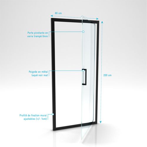 Porte De Douche Pivotante - 80x200 Cm - Profilés Noir Mat - Verre Trempé 6 Mm - Crush Pivotante