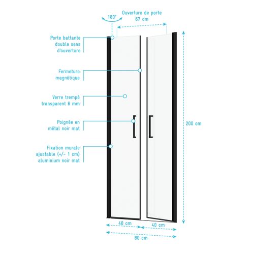 Porte De Douche Double Battant 80x200cm - Verre Trempé Transparent 6mm - Profil Noir Mat