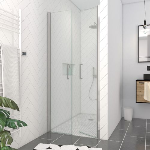Porte De Douche Double Battant 90x200cm - Verre Trempé Transparent 6mm - Profil Chromé