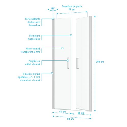 Porte De Douche Double Battant 90x200cm - Verre Trempé Transparent 6mm - Profil Chromé