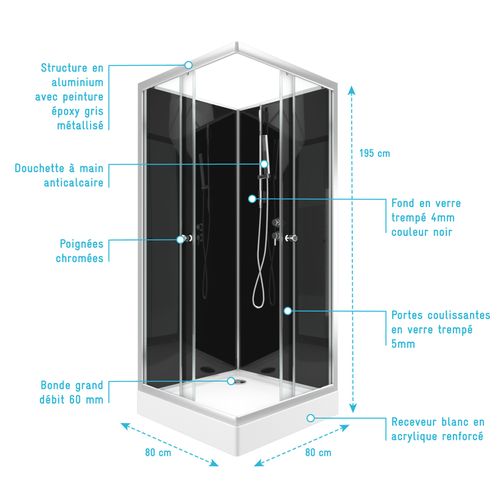Cabine De Douche Carrée Avec Portes Coulissantes En Verre Trempé - 195x80x80 Cm - Noir