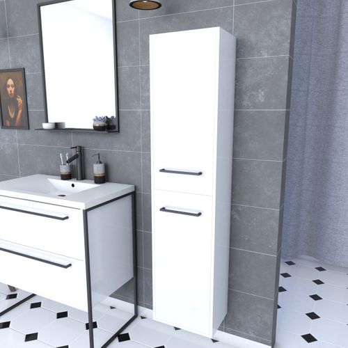Colonne De Salle De Bain Blanche 30x35x150 Cm - 2 Portes Blanches Poignees Noir Mat - Structura P015