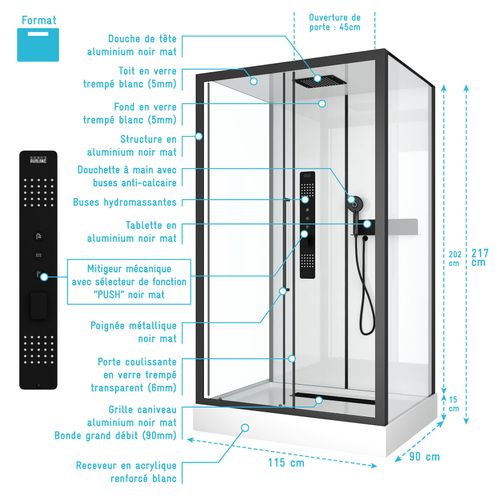 Cabine De Douche Rectangulaire Design Style Industrielle - 115x217x90 Cm - Blanc