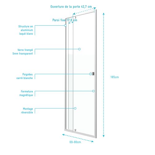 Porte De Douche Pivotante En Verre Trempé - 80x185 Cm - Blanc