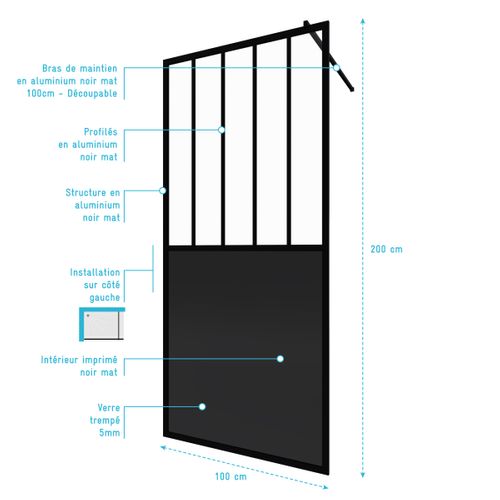 Paroi De Douche à L'italienne - 100x200 Cm Verre Transparent 5mm + Barre De Maintien Noir