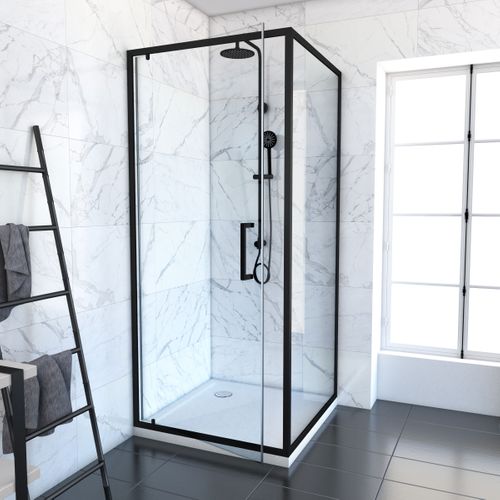 Porte De Douche Pivotante Et Retour 90x90x200 - Profilés Noir Mat - Crush Pivotante