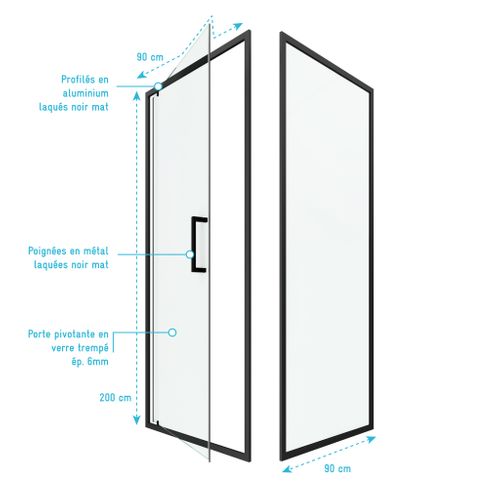 Porte De Douche Pivotante Et Retour 90x90x200 - Profilés Noir Mat - Crush Pivotante