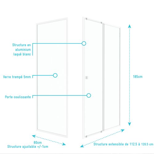 Pack Porte De Douche Coulissante Blanc 120x185cm + Retour 80 Verre Transparent 5mm - Whity Slide 120