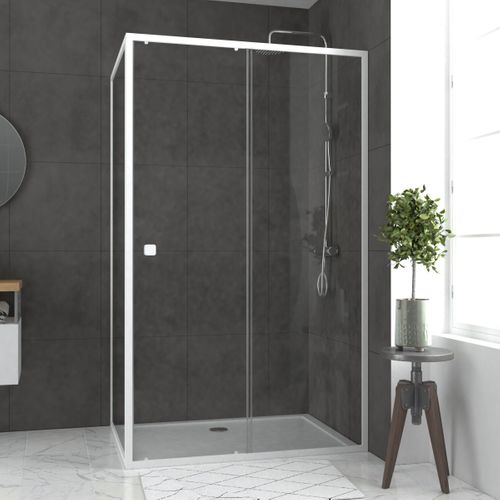 Pack Porte De Douche Coulissante Blanc 120x185cm + Retour 80 Verre Transparent 5mm - Whity Slide 120