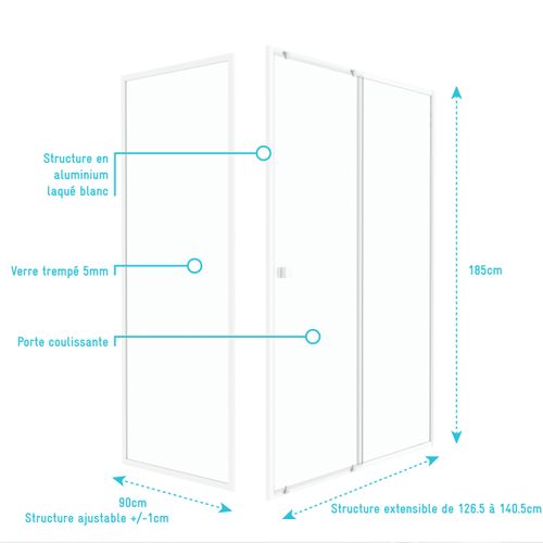 Pack Porte De Douche Coulissante Blanc 140x185cm + Retour 90 Verre Transparent 5mm - Whity Slide