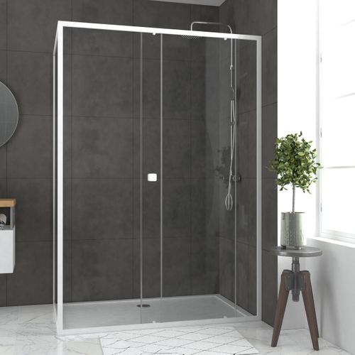 Pack Porte De Douche Coulissante Blanc 140x185cm + Retour 90 Verre Transparent 5mm - Whity Slide