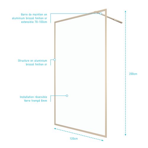 Paroi De Douche 120x200 Cm - Cadre Et Bras Aluminium Or Doré Brossé - Goldy Contouring