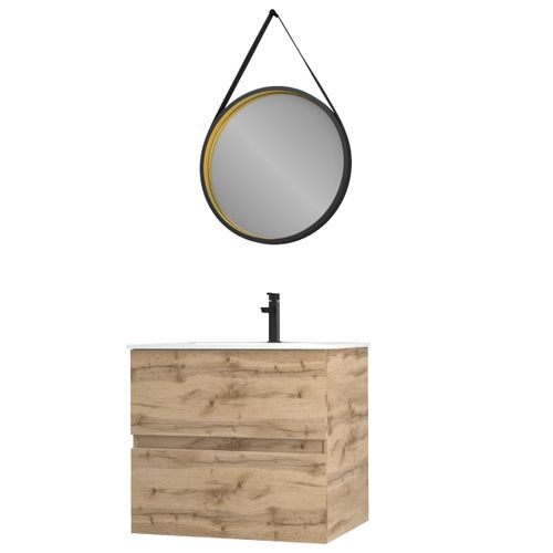 AURLANE Mobile Bagno 60 Cm Con Lavabo Nero E Specchio – 2 Ante In Rovere Naturale, Chiusura Graduale, Piedini Alluminio - 2