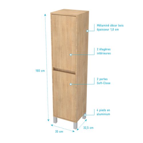 Colonne De Rangement Chêne Clair Sur Pieds - Hauteur 160 Cm - 2 Portes - Xenos