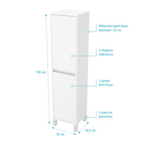 Colonne De Rangement Blanc Laqué Sur Pieds - Hauteur 160 Cm - 2 Portes - Xenos