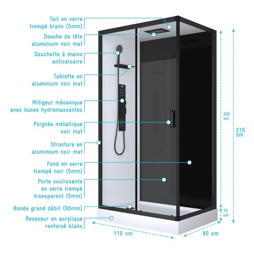 Cabine De Douche Rectangulaire Style Industrielle - 110x215x80 Cm - Noir
