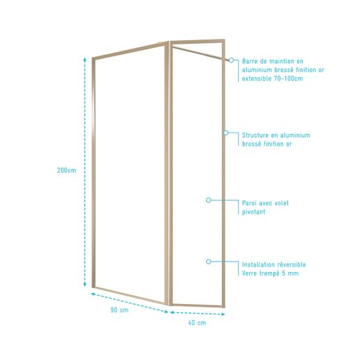 Paroi De Douche Avec Volet Pivotant 90+40x200 Cm - Finition Or Doré Brossé - Goldy Contouring