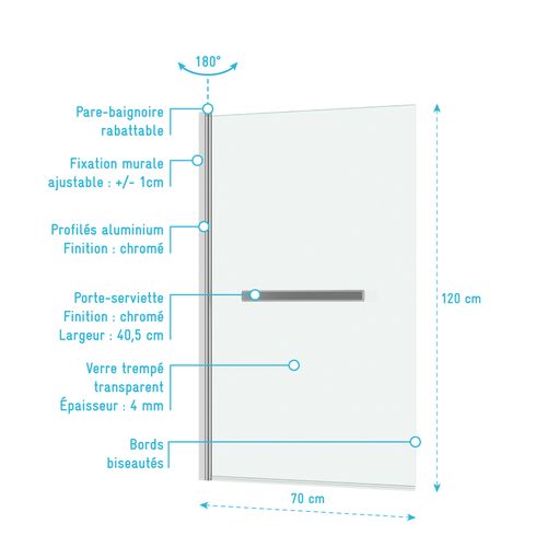 Pare Baignoire Rabattable Avec Porte-serviette 70x120 Cm - Profilé Chromé - Verre 4 Mm