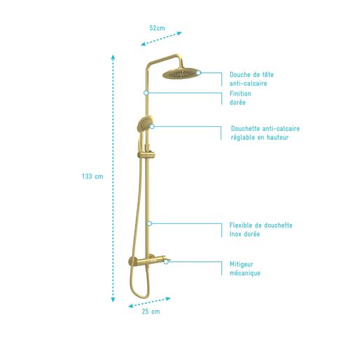 Colonne De Douche Mécanique Dorée - 133x25x52 Cm - Doré