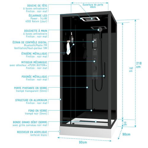Cabine De Douche Hydromassante Porte Pivotante Et Panneau De Contrôle Tactile - 90x90x218 Cm - Noir