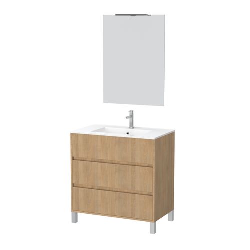 Pack Meuble Salle De Bains 80cm Chêne Clair 3 Tiroirs, Vasque, Miroir 60x80 Et Réglette LED - Xenos