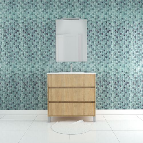Pack Meuble Salle De Bains 80cm Chêne Clair 3 Tiroirs, Vasque, Miroir 60x80 Et Réglette LED - Xenos