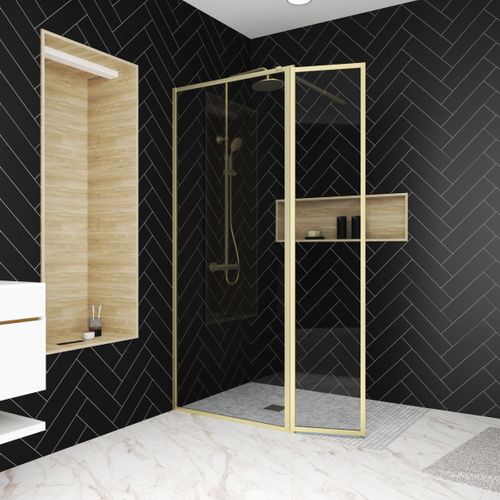 Paroi De Douche Avec Volet Pivotant 80+40x200 Cm - Finition Or Doré Brossé - Goldy Contouring