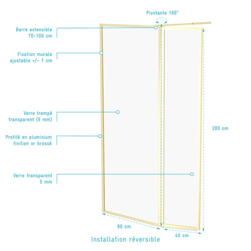 Paroi De Douche Avec Volet Pivotant 80+40x200 Cm - Finition Or Doré Brossé - Goldy Contouring