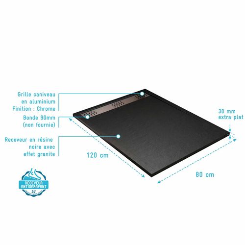 Receveur De Douche Extra-plat En Résine - Effet Pierre Grille Linéaire Chrome - 80x120 Cm - Noir